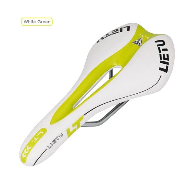 Stevvex bicycle saddle white lime-green ergonomic road seat with cutout and steel rails on Tampa Home & Garden Store