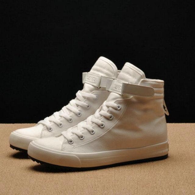 Stevvex men's white high-top canvas sneakers with ankle strap pair on Tampa Home & Garden Store