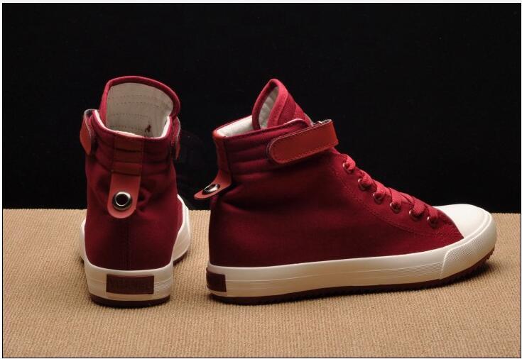 Stevvex red high-top canvas sneakers with white sole, pair shown from back and side views on Tampa Home & Garden Store