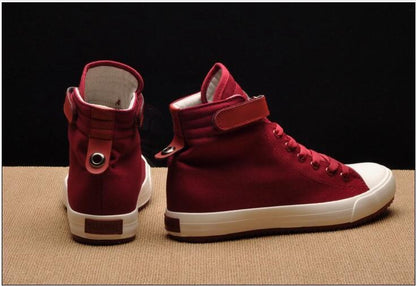 Stevvex red high-top canvas sneakers with white sole, pair shown from back and side views on Tampa Home & Garden Store