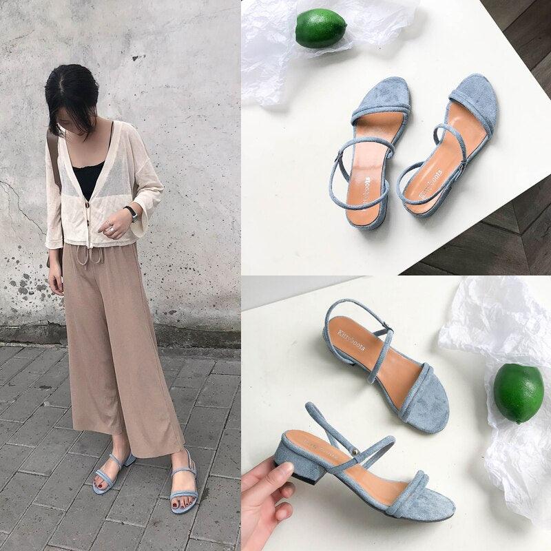 Stevvex blue denim sandals with back ankle strap, open toe, adjustable strap, low block heel on Tampa Home & Garden Store