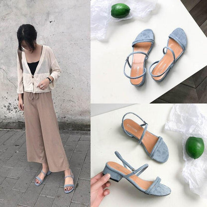 Stevvex blue denim sandals with back ankle strap, open toe, adjustable strap, low block heel on Tampa Home & Garden Store