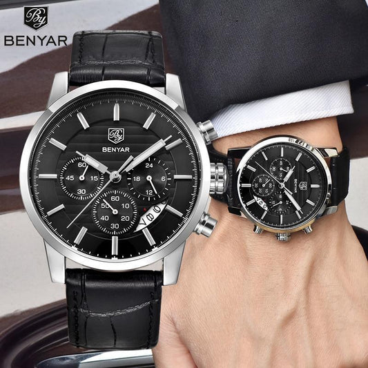 Two BENYAR men's chronograph watches with black dials, stainless steel cases and leather straps on Tampa Home & Garden Store