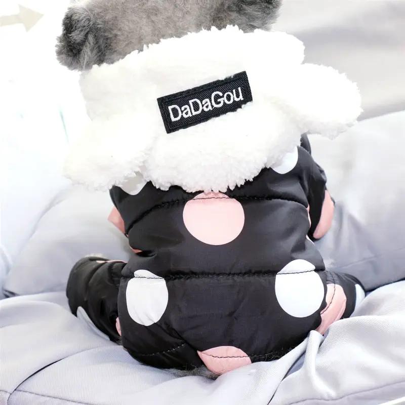 Polka dot dog jumpsuit in black with pink/white dots and white hood DadaGou tag on back on Tampa Home & Garden Store