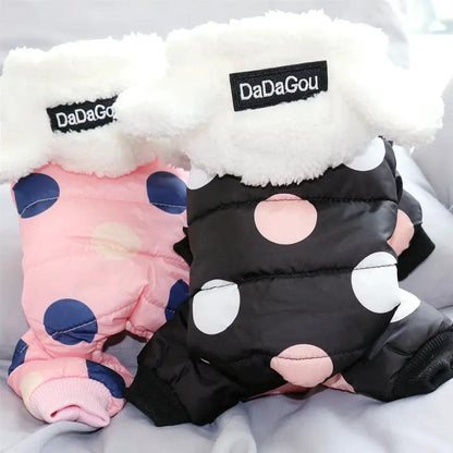 Polka dot dog jumpsuit for small dogs in pink and black with DaDaGou logo on hood on Tampa Home & Garden Store