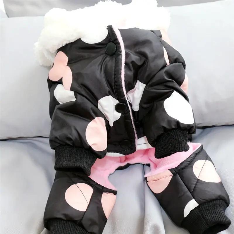 Polka Dot Snowsuit Jumpsuit for Small Dogs in black with pink and white polka dots, lining on Tampa Home & Garden Store