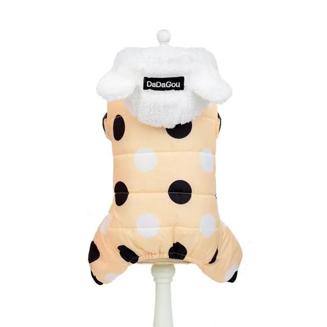 Polka dot dog jumpsuit in peach with black and white dots and fluffy white hood DaDaGou label on Tampa Home & Garden Store