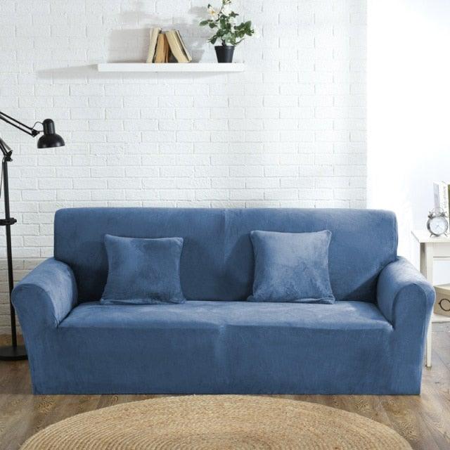 Stevvex velvet plush sofa cover for 3-seat blue sofa elastic anti-slip slipcover on Tampa Home & Garden Store