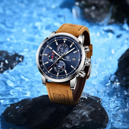 Men's chronograph watch with blue dial, tan leather strap, steel case, tachymeter on Tampa Home & Garden Store