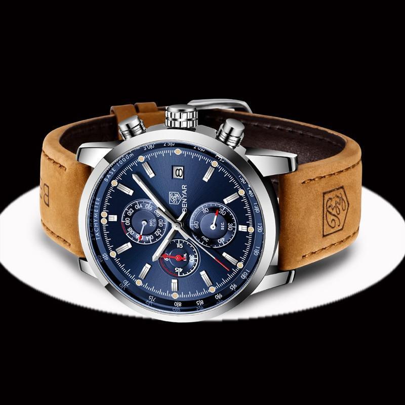 Stylish Wrist Watch BENYAR with brown leather strap, blue dial, chronograph, quartz movement on Tampa Home & Garden Store
