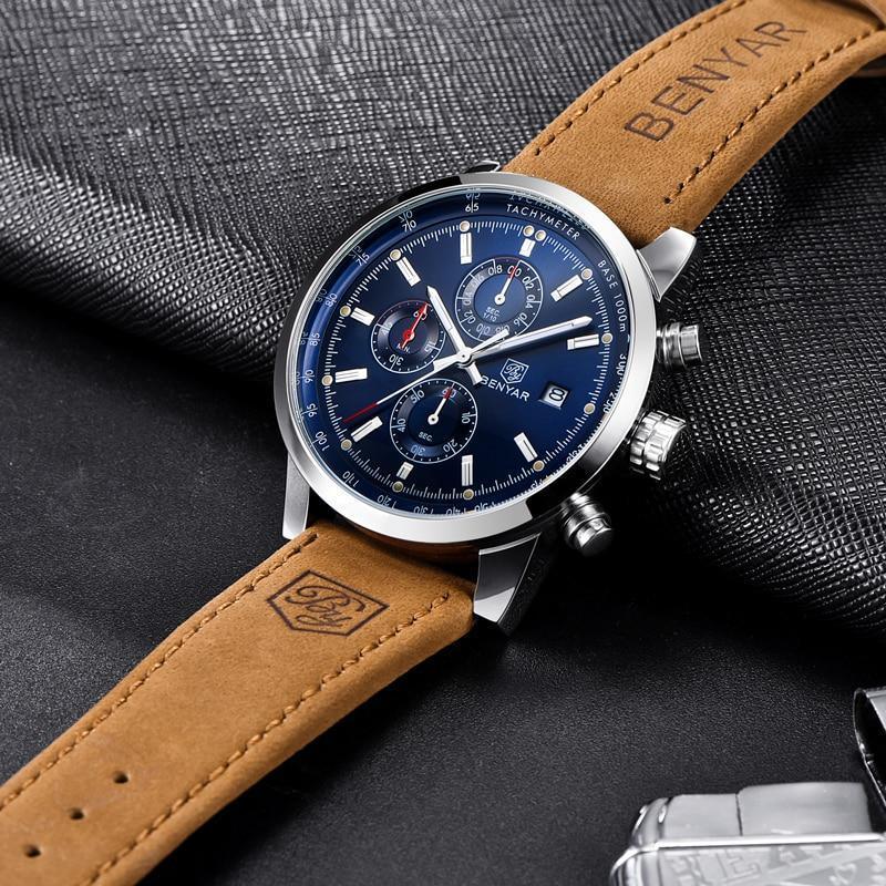 Stevvex men's wrist watch with blue chronograph dial and Benyar tan leather strap on Tampa Home & Garden Store