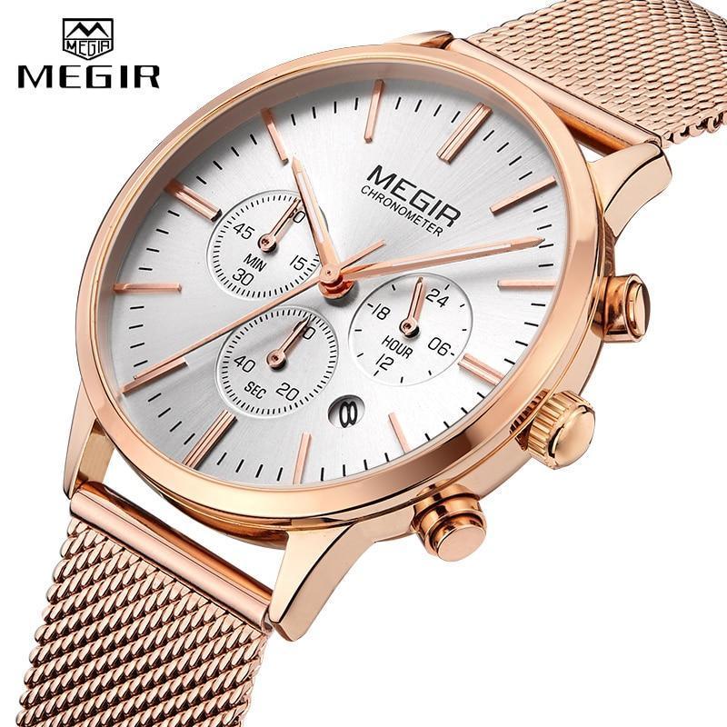 MEGIR rose gold-tone women's chronograph watch with white dial, three subdials, mesh strap on Tampa Home & Garden Store