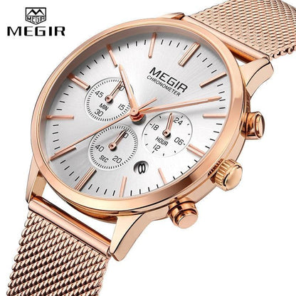 MEGIR rose gold-tone women's chronograph watch with white dial, three subdials, mesh strap on Tampa Home & Garden Store