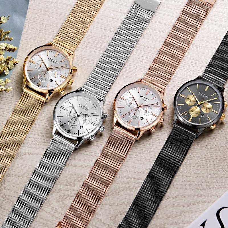 MEGIR round quartz chronograph watches with mesh metal bands in gold silver rose gold and black on Tampa Home & Garden Store