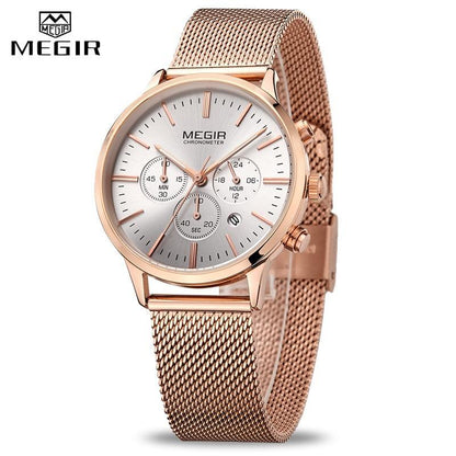 Megir women's rose-gold mesh watch with round silver dial, chronometer subdials, date window on Tampa Home & Garden Store