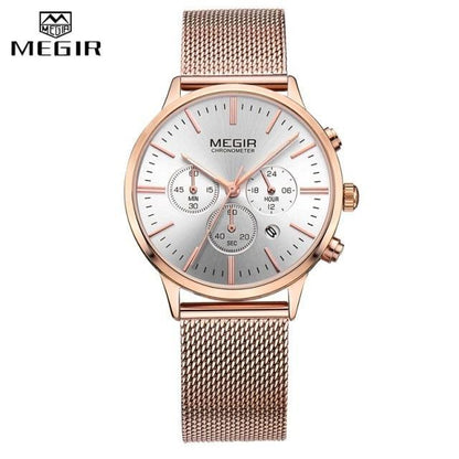 MEGIR ST883MJDLLE4 rose gold women's mesh-band chronograph watch with round silver dial on Tampa Home & Garden Store