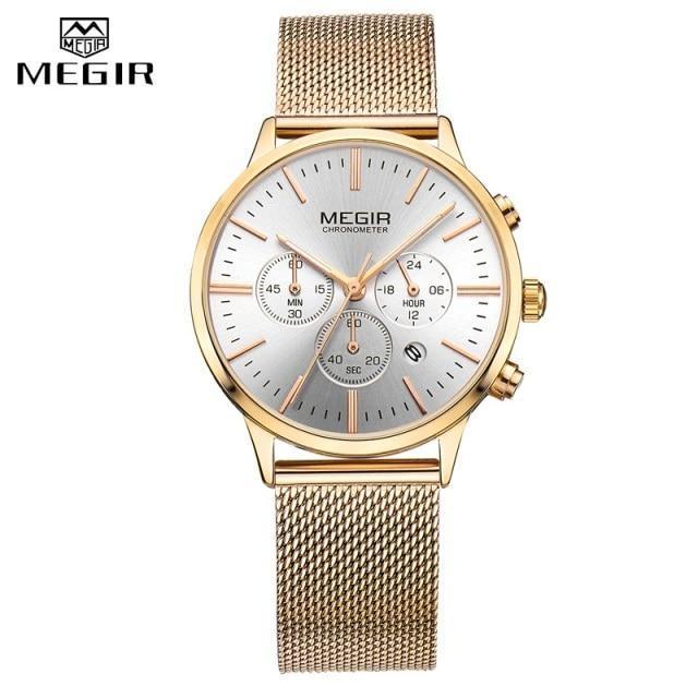 Women's gold-tone MEGIR watch with mesh band and silver round chronograph dial on Tampa Home & Garden Store