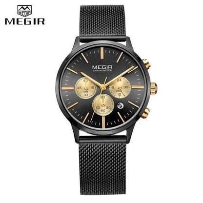 Womens black dial watch with gold-tone subdials, luxury quartz, black mesh strap, Megir logo on Tampa Home & Garden Store