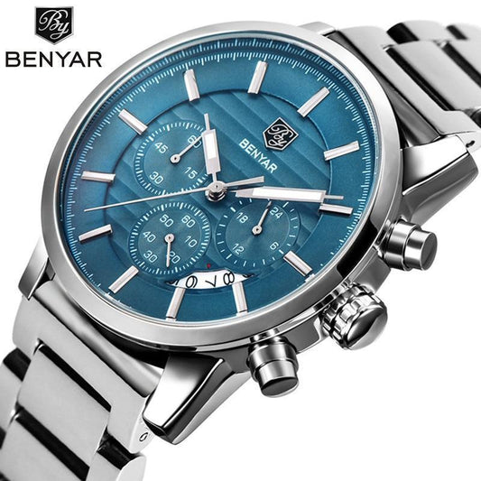 Benyar men's stainless steel chronograph watch with blue dial and subdials on Tampa Home & Garden Store