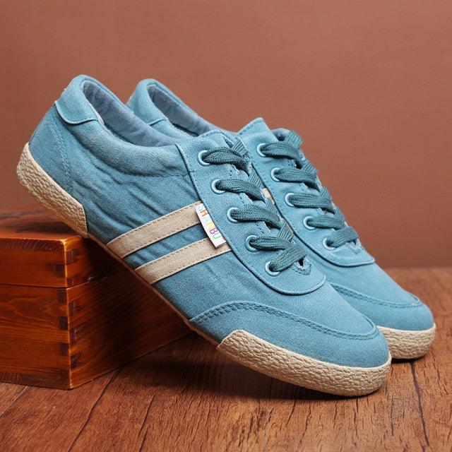 Stevvex men's blue canvas sneakers, lace-up, round toe, breathable casual walking shoes on Tampa Home & Garden Store