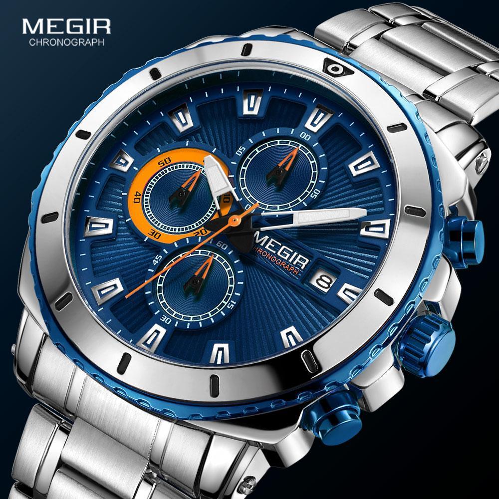Watch MEGIR blue dial chronograph with stainless steel bracelet and orange accents on Tampa Home & Garden Store