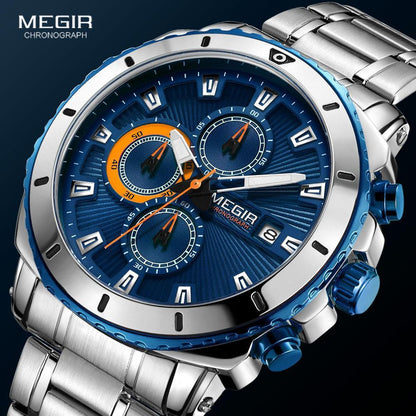 Watch MEGIR blue dial chronograph with stainless steel bracelet and orange accents on Tampa Home & Garden Store