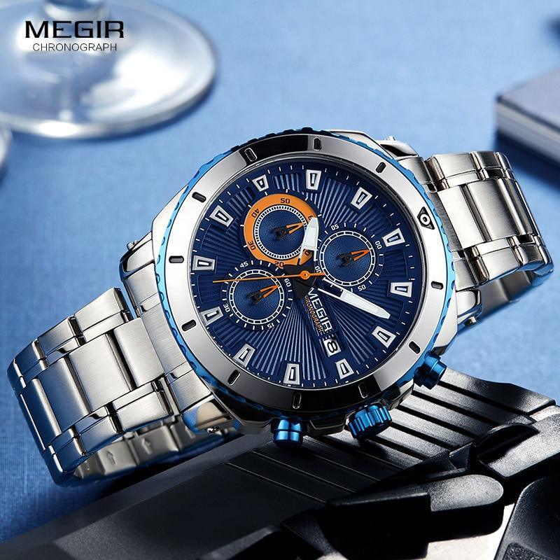 Luxury men's blue dial quartz watch with chronograph, stainless steel bracelet Stevvex on Tampa Home & Garden Store