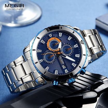 Luxury men's blue dial quartz watch with chronograph, stainless steel bracelet Stevvex on Tampa Home & Garden Store