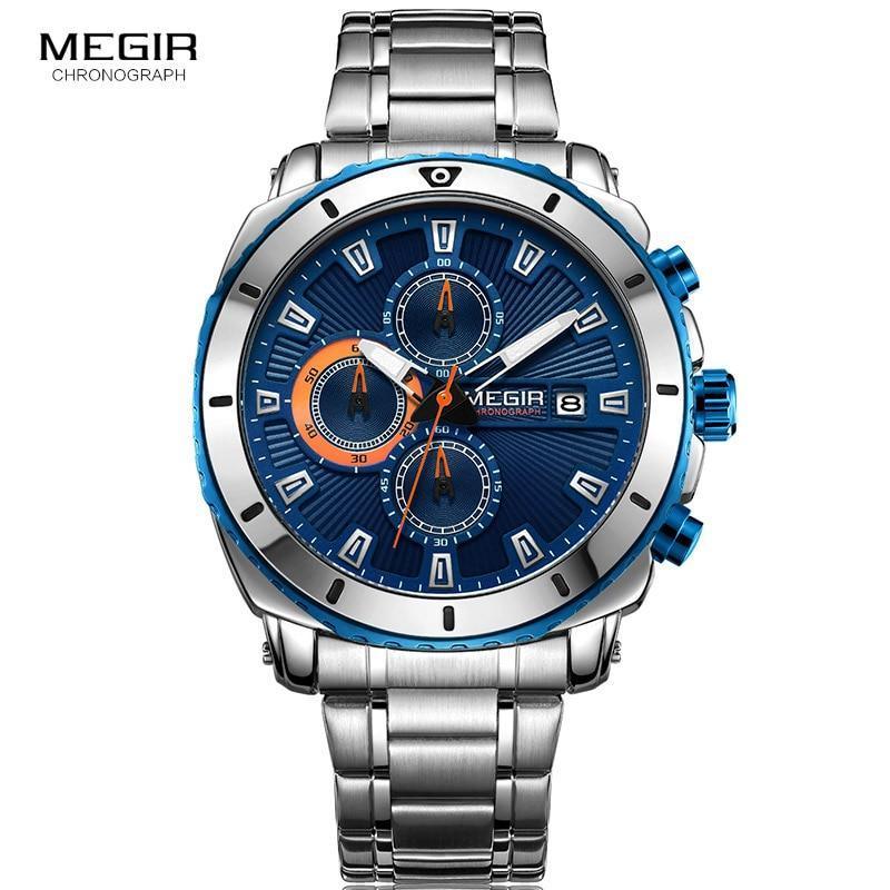 Megir Chronograph blue dial stainless steel men's watch with subdials and date on Tampa Home & Garden Store