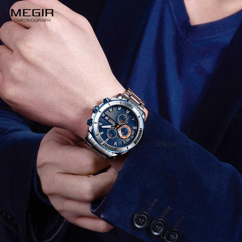 Stevvex blue chronograph quartz watch with stainless steel bracelet Megir Chronograph logo on Tampa Home & Garden Store