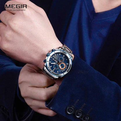 Stevvex blue chronograph quartz watch with stainless steel bracelet Megir Chronograph logo on Tampa Home & Garden Store