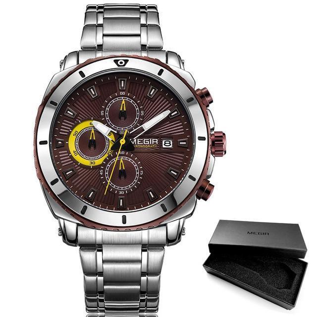 Men's chronograph stainless steel watch with brown dial and yellow subdials Megir boxed on Tampa Home & Garden Store