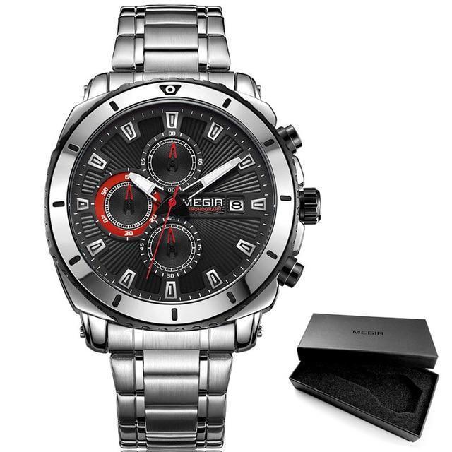 Stevvex luxury men's stainless steel chronograph watch with black dial red subdials and box on Tampa Home & Garden Store