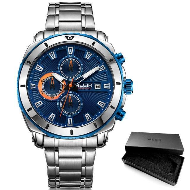 Megir stainless chronograph watch for men with blue dial, orange subdials, date window, bracelet on Tampa Home & Garden Store