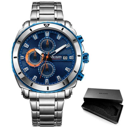 Megir stainless chronograph watch for men with blue dial, orange subdials, date window, bracelet on Tampa Home & Garden Store