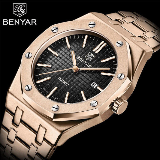 Benyar men's quartz analog watch with rose-gold stainless steel band and black textured dial on Tampa Home & Garden Store