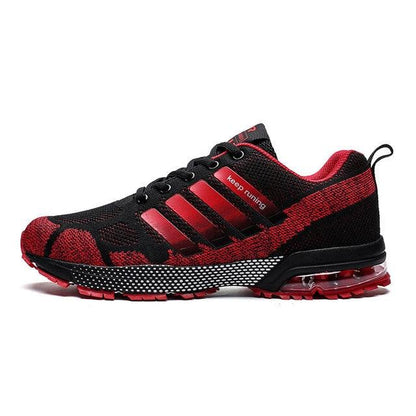 Men's running sneakers with black-red knit upper, mesh, lace-up, air-cushion sole on Tampa Home & Garden Store