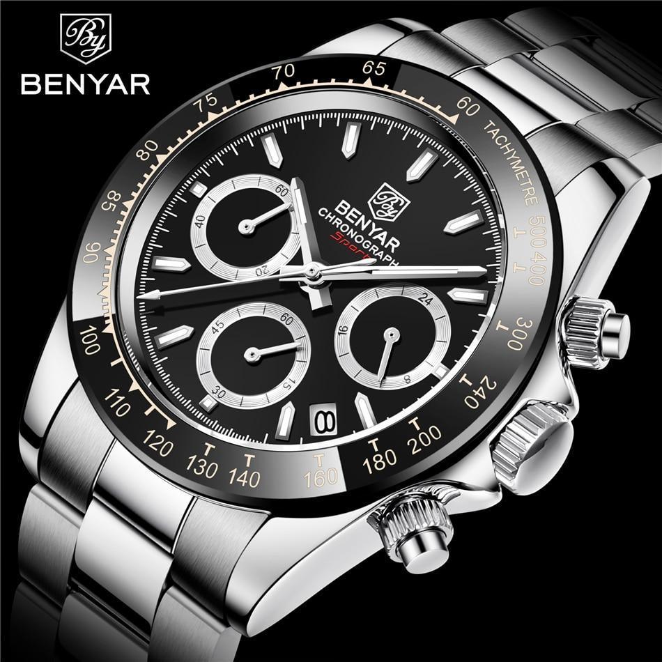 Benyar stainless steel chronograph men's watch with black dial and tachymeter bezel on Tampa Home & Garden Store