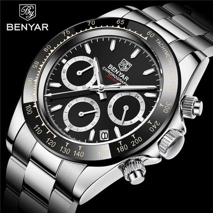 Benyar stainless steel chronograph men's watch with black dial and tachymeter bezel on Tampa Home & Garden Store