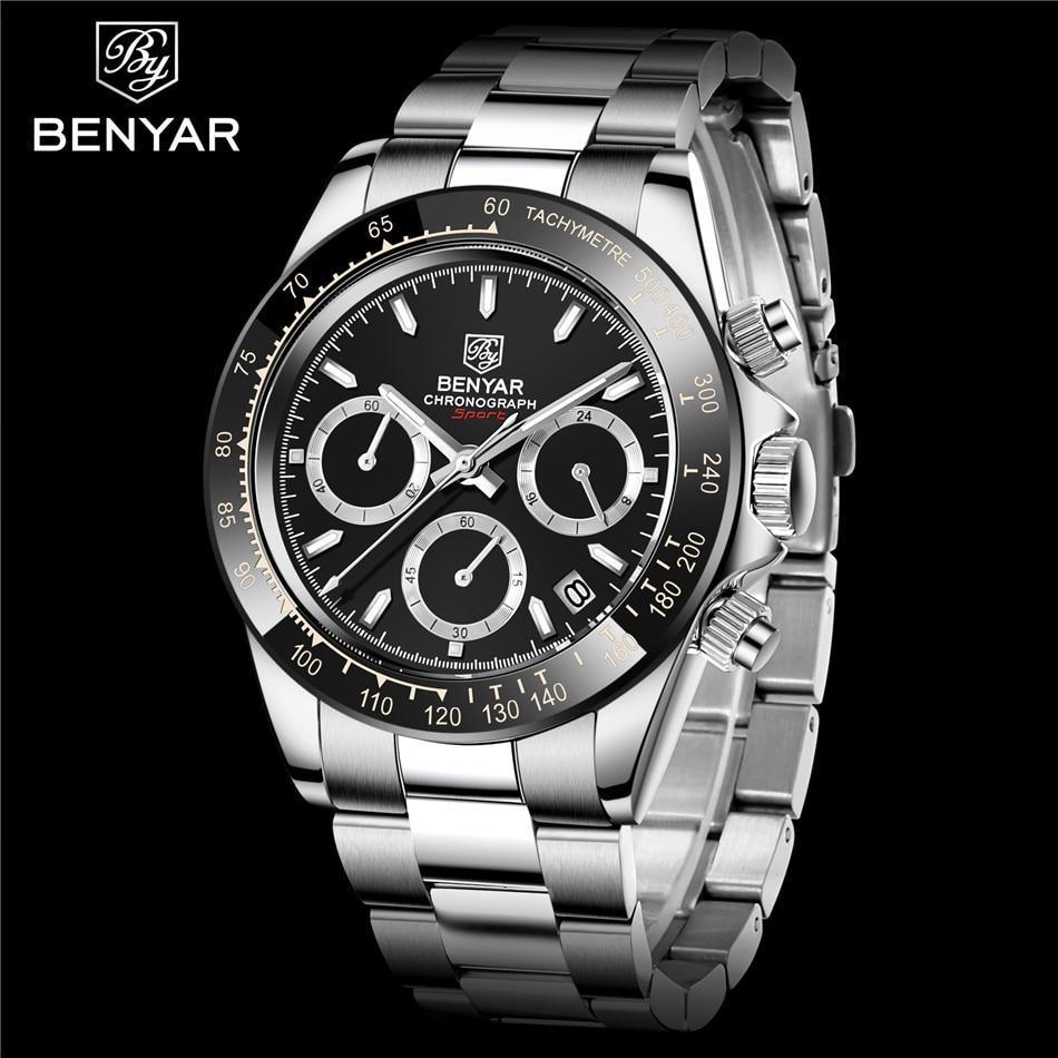 Benyar chronograph stainless steel watch with black dial and tachymeter bezel, 3 subdials on Tampa Home & Garden Store