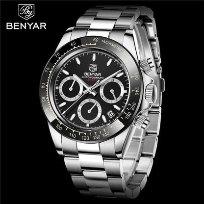 Benyar chronograph stainless steel watch with black dial and tachymeter bezel, 3 subdials on Tampa Home & Garden Store