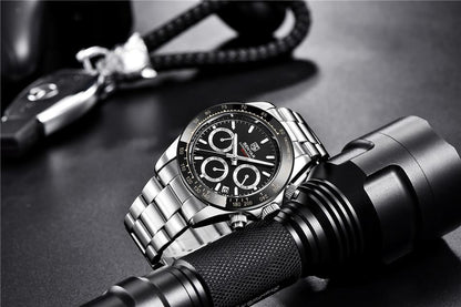 Stevvex luxury men's chronograph watch with stainless steel strap and black dial on Tampa Home & Garden Store