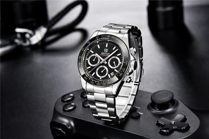 Stevvex ST213MONOS45 stainless steel chronograph watch with black dial and tachymeter bezel on Tampa Home & Garden Store