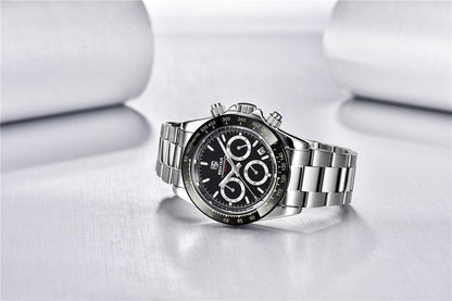 Stevvex stainless steel men's chronograph watch with black dial and subdials on bracelet on Tampa Home & Garden Store