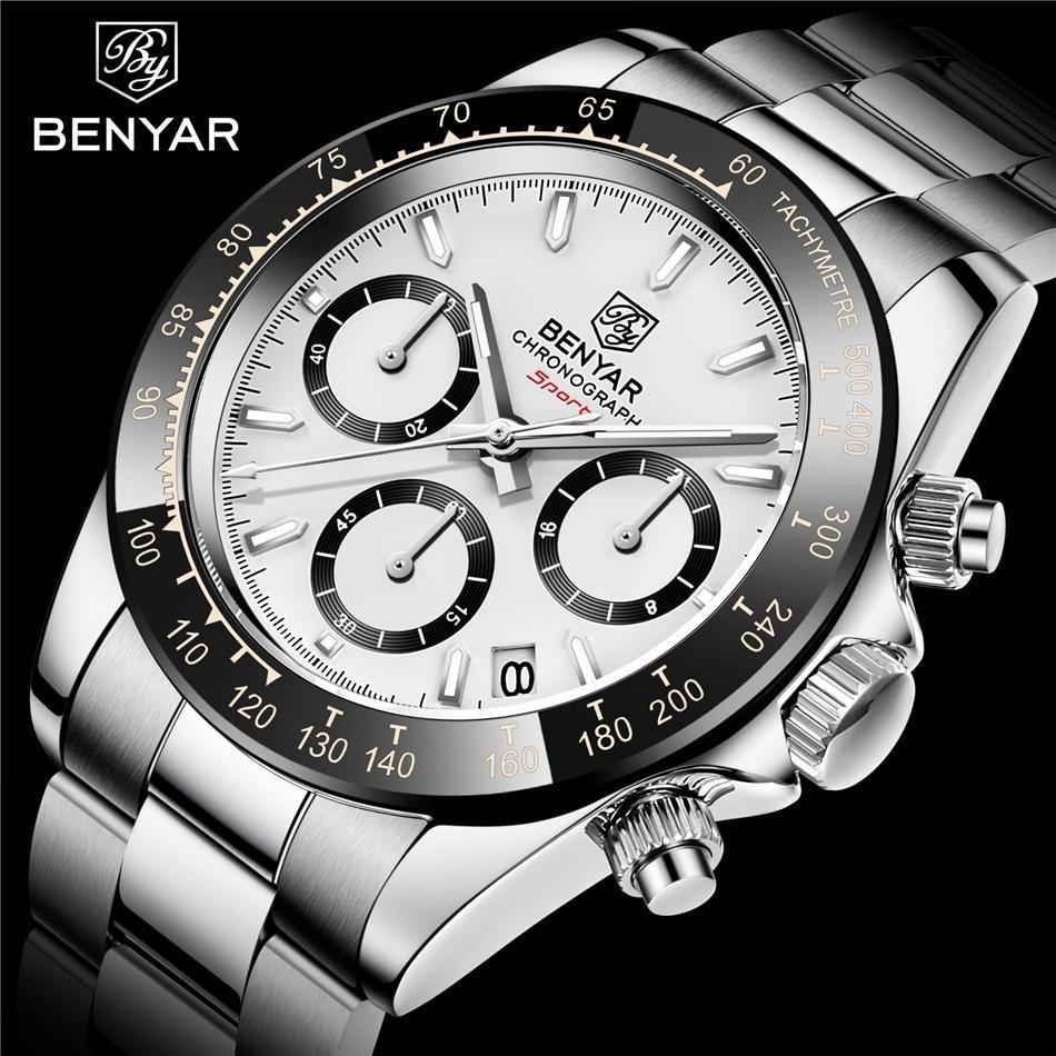 Benyar chronograph men's watch white dial, stainless steel bracelet tachymeter bezel on Tampa Home & Garden Store
