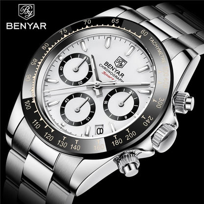 Benyar chronograph men's watch white dial, stainless steel bracelet tachymeter bezel on Tampa Home & Garden Store