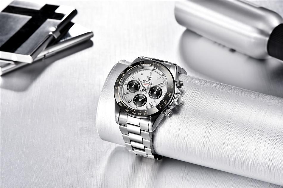 Stevvex ST213MONOS45 luxury men's chronograph watch, stainless steel strap, silver dial on Tampa Home & Garden Store
