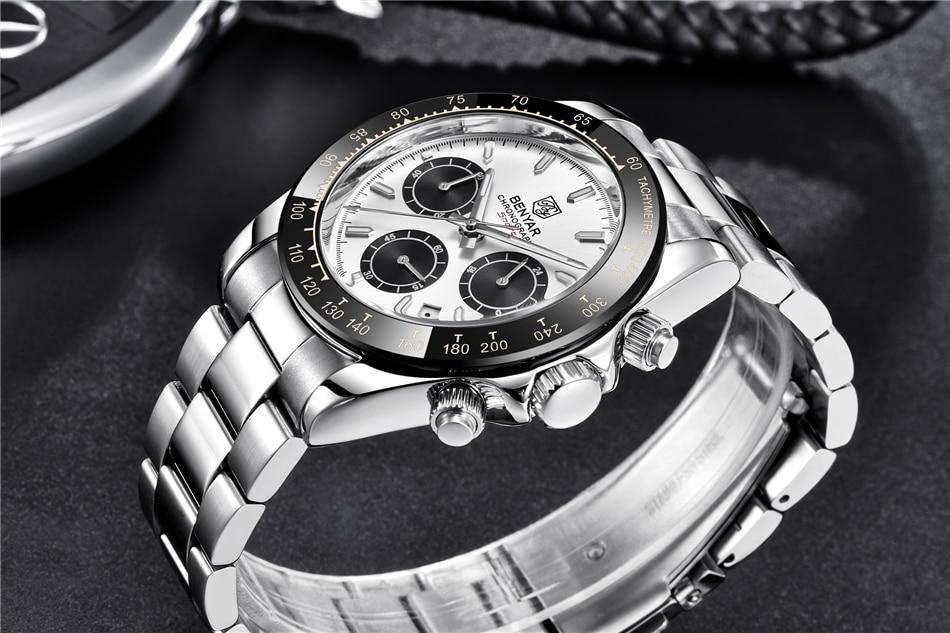 Stevvex luxury men's watch with stainless steel bracelet, white dial and black subdials on Tampa Home & Garden Store