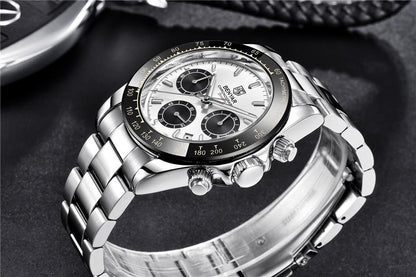 Stevvex luxury men's watch with stainless steel bracelet, white dial and black subdials on Tampa Home & Garden Store