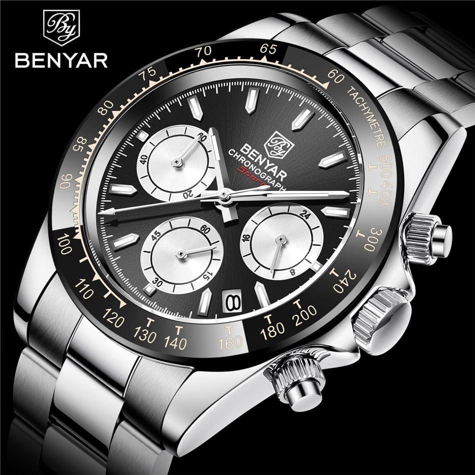 Benyar chronograph watch with stainless steel strap, black dial, silver subdials on Tampa Home & Garden Store